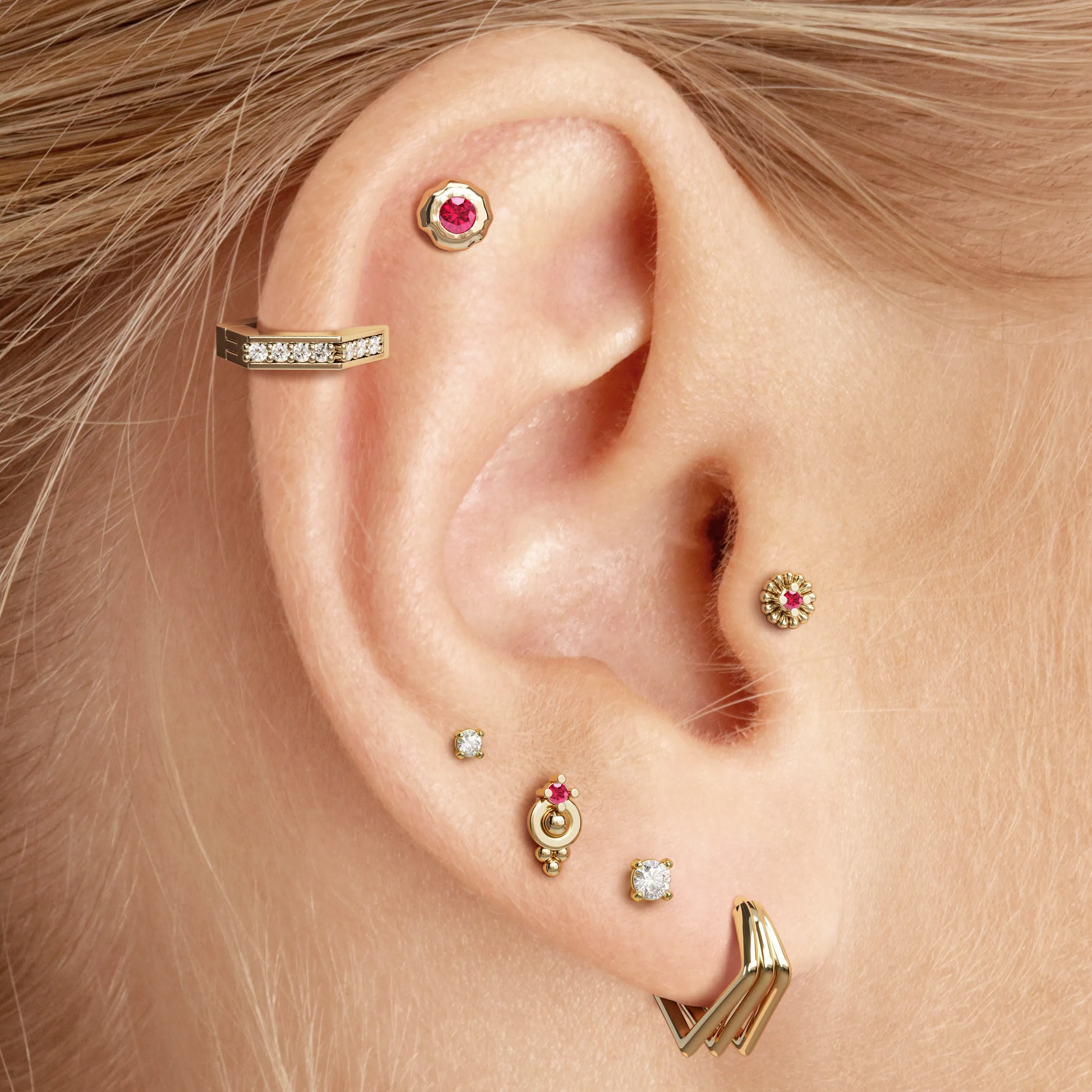 14K Gold Ruby Abstract Floral Stud