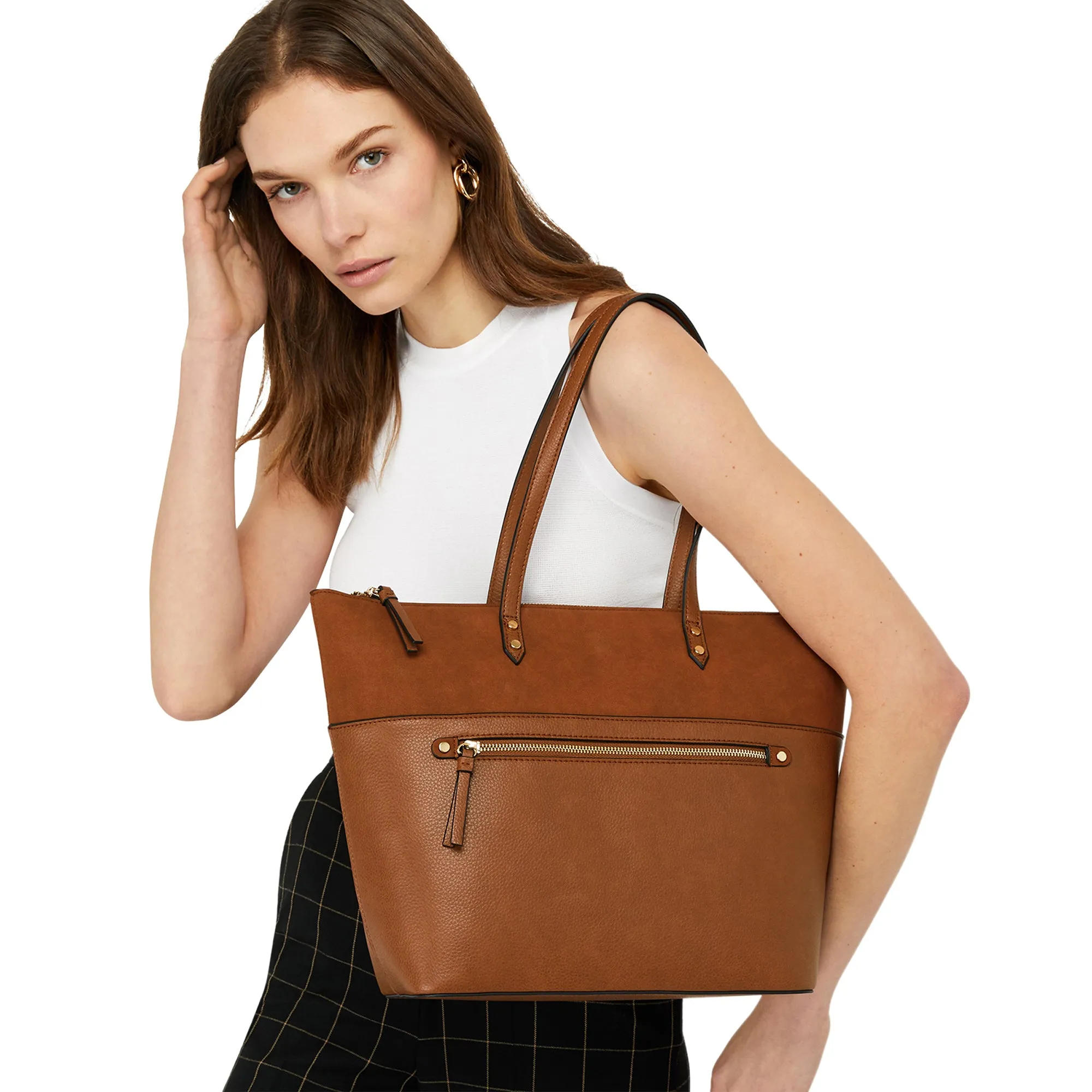 Accessorize London Women's Faux Leather Tan Pocket Molly Tote bag