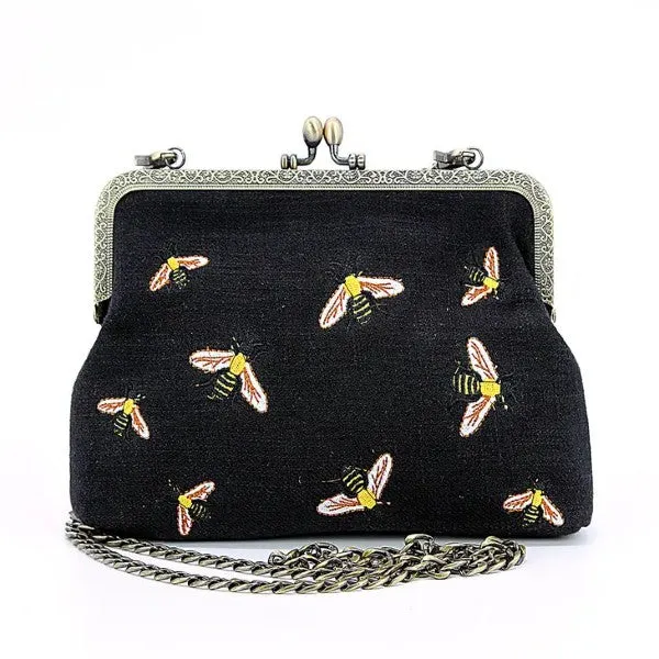 Bag - Bees Kisslock Cotton - Black