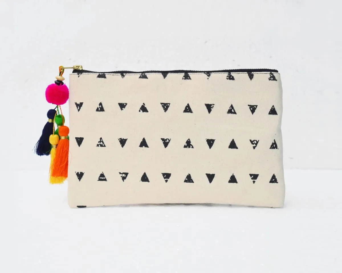 Black and white, geometric pattern, Aztec purse, make up or cosmetic bag, utility pouch, 5X9 inches