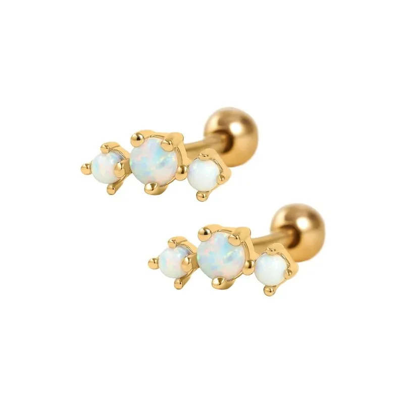 Curved Triple White Opal Prong Ball Back&Flat Back Cartilage Earrings