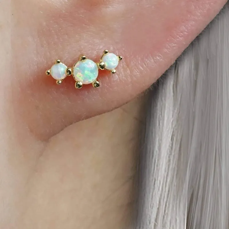 Curved Triple White Opal Prong Ball Back&Flat Back Cartilage Earrings