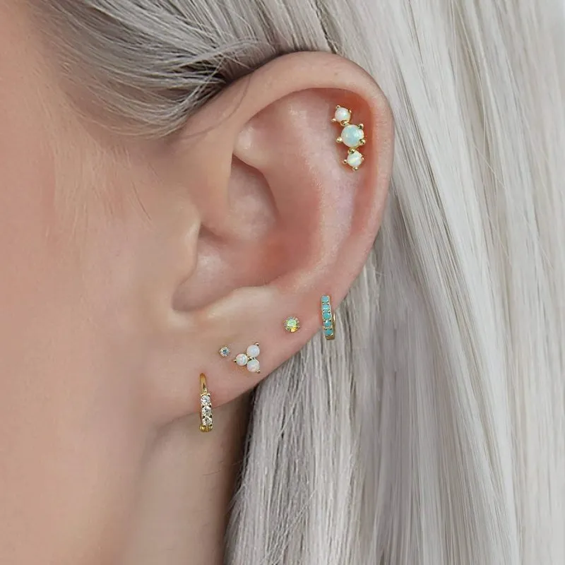 Curved Triple White Opal Prong Ball Back&Flat Back Cartilage Earrings