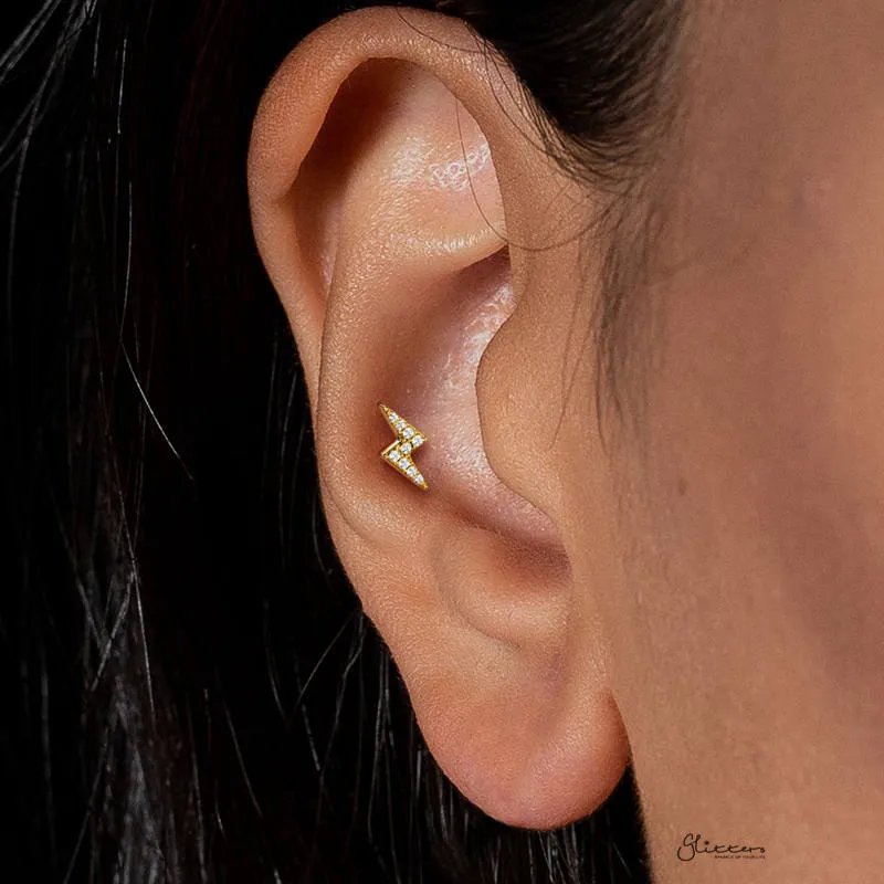 CZ Lightning Bolt Tragus Cartilage Barbell Stud - Gold