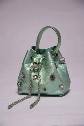 DOT Embellished Green Leather Bucket Bag