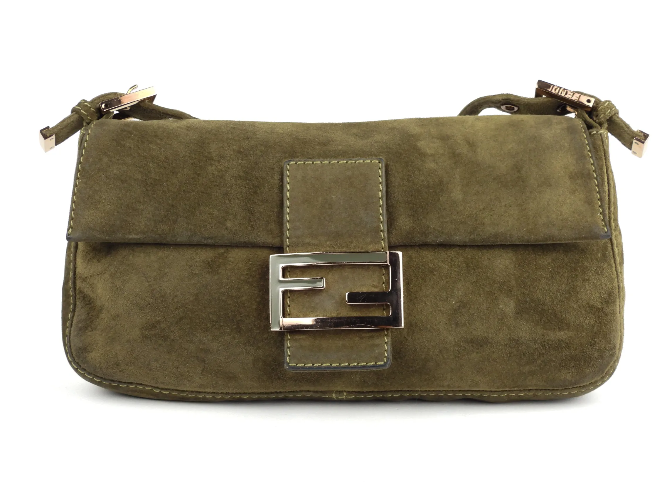 Fendi Baguette Shoulder Bag in Khaki Green Suede Leather