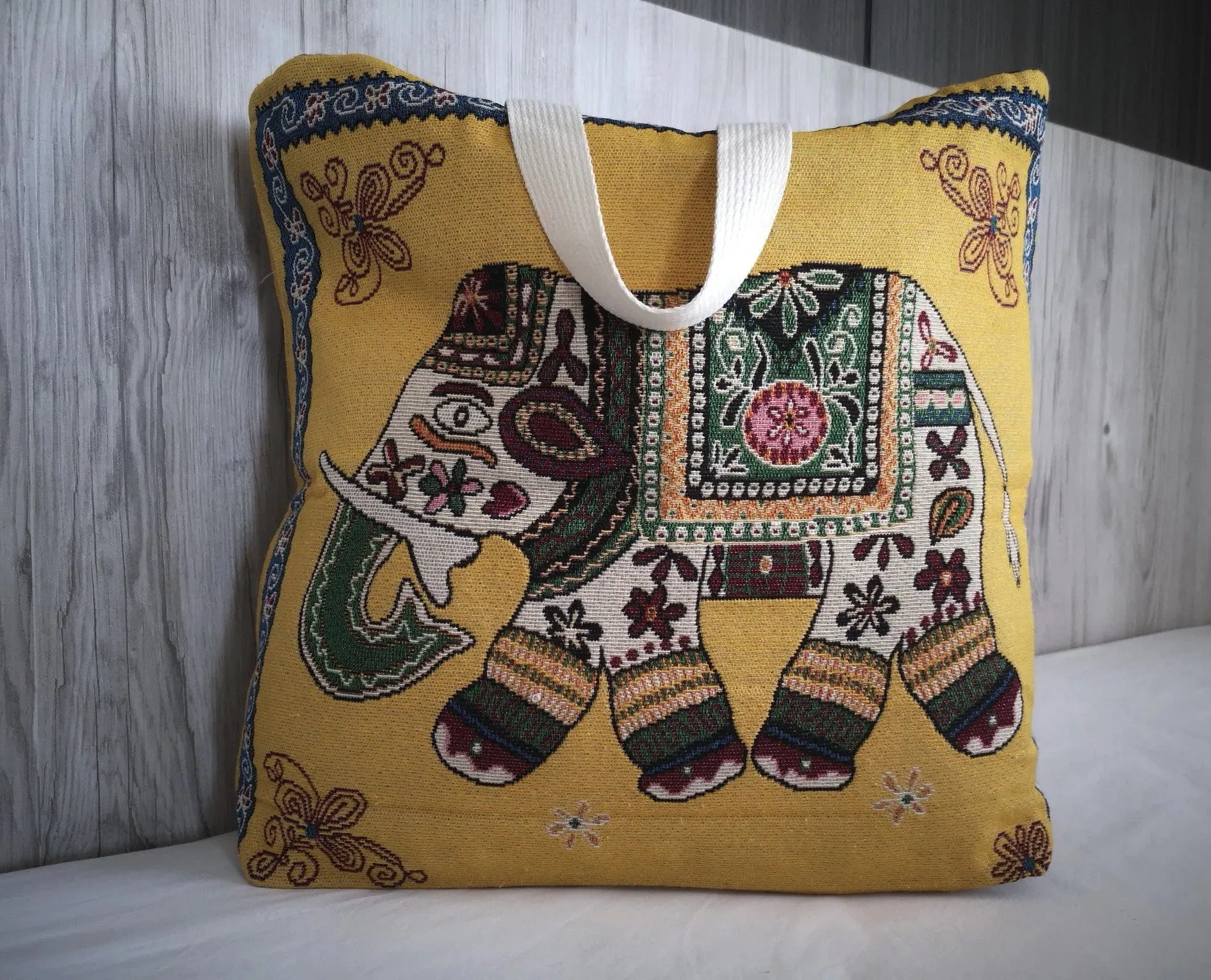 Handmade Yellow Mustard Elephant Tapestry Bag