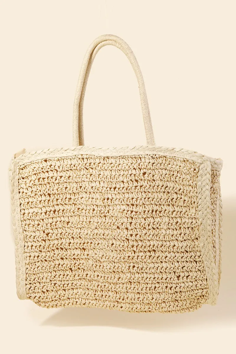 Ivory Straw Braided Rectangle Tote Bag