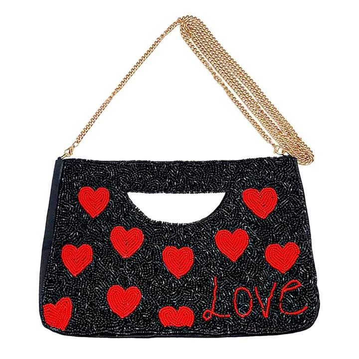 Love Heart Patterned Seed Beaded Tote Crossbody Bag