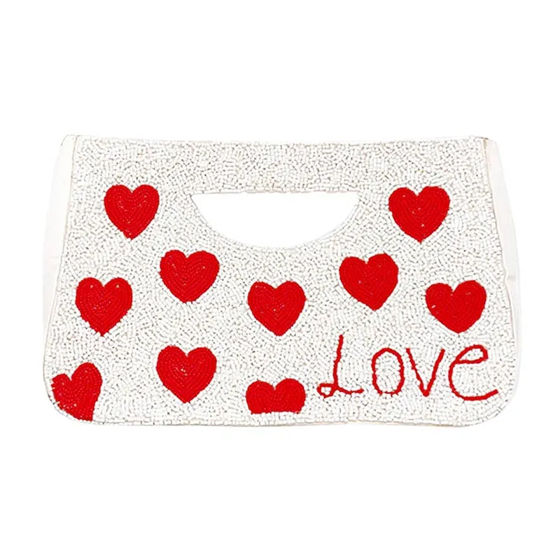 Love Heart Patterned Seed Beaded Tote Crossbody Bag