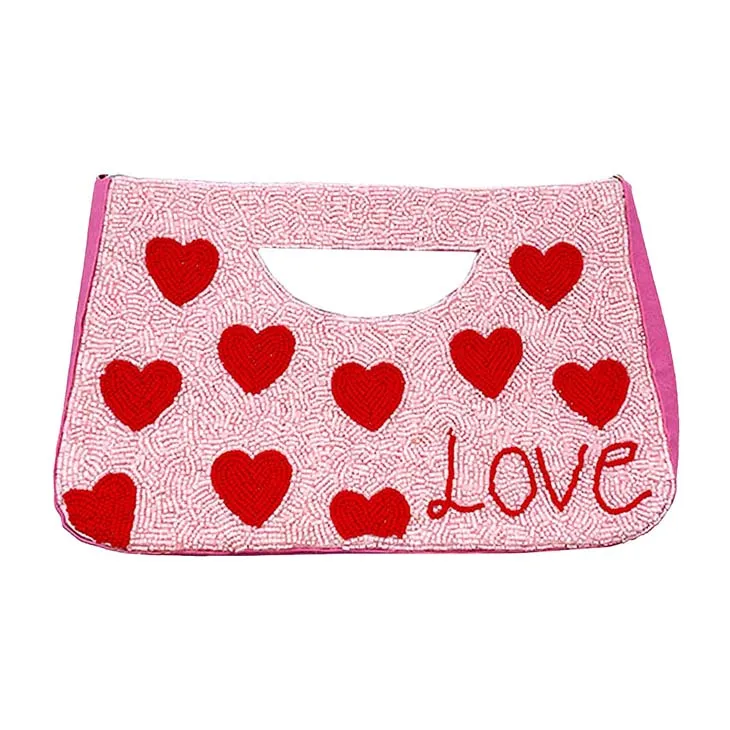 Love Heart Patterned Seed Beaded Tote Crossbody Bag