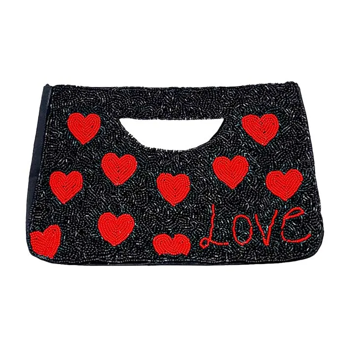 Love Heart Patterned Seed Beaded Tote Crossbody Bag