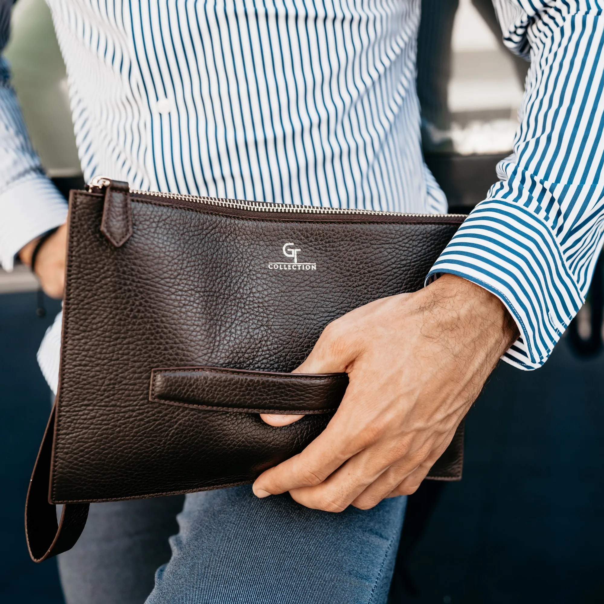 Luxurious Brown Leather Mens Clutch Bag with Golden Accents