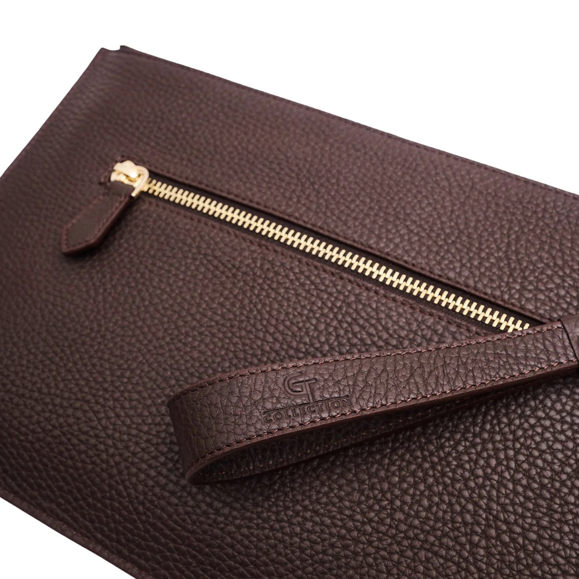 Luxurious Brown Leather Mens Clutch Bag with Golden Accents