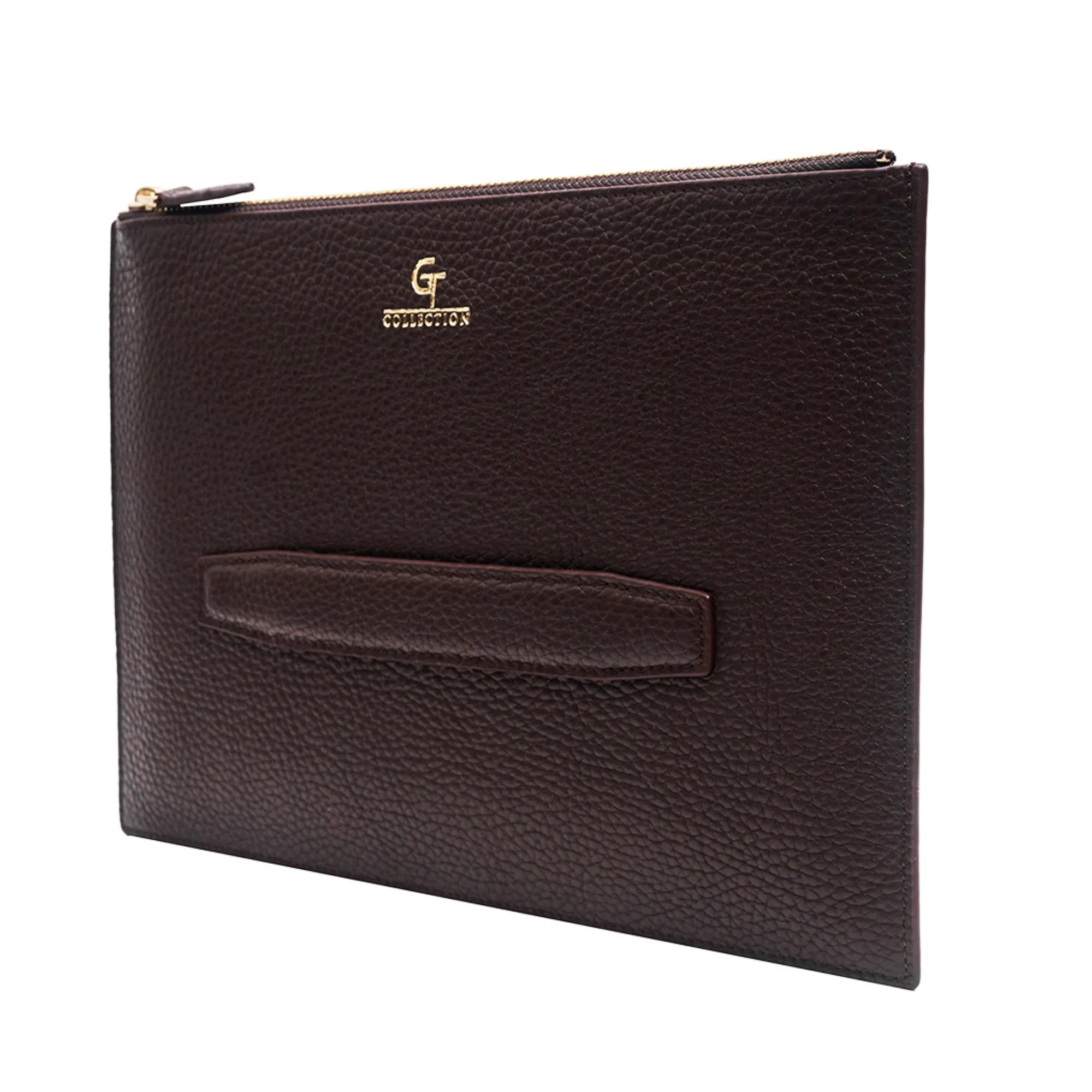 Luxurious Brown Leather Mens Clutch Bag with Golden Accents