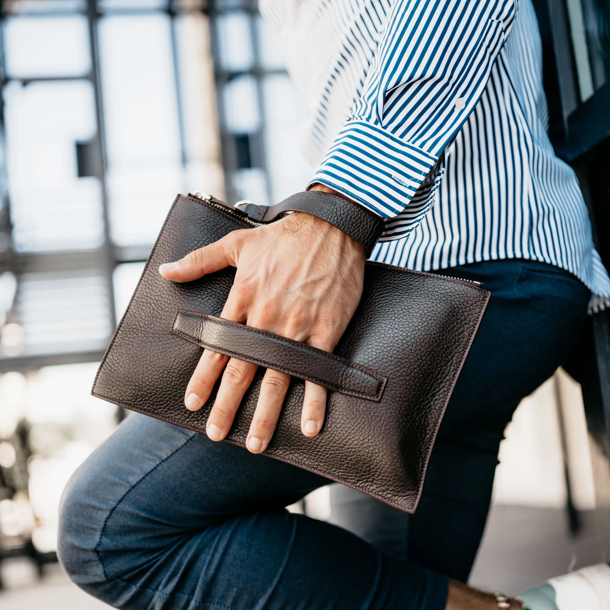 Luxurious Brown Leather Mens Clutch Bag with Golden Accents