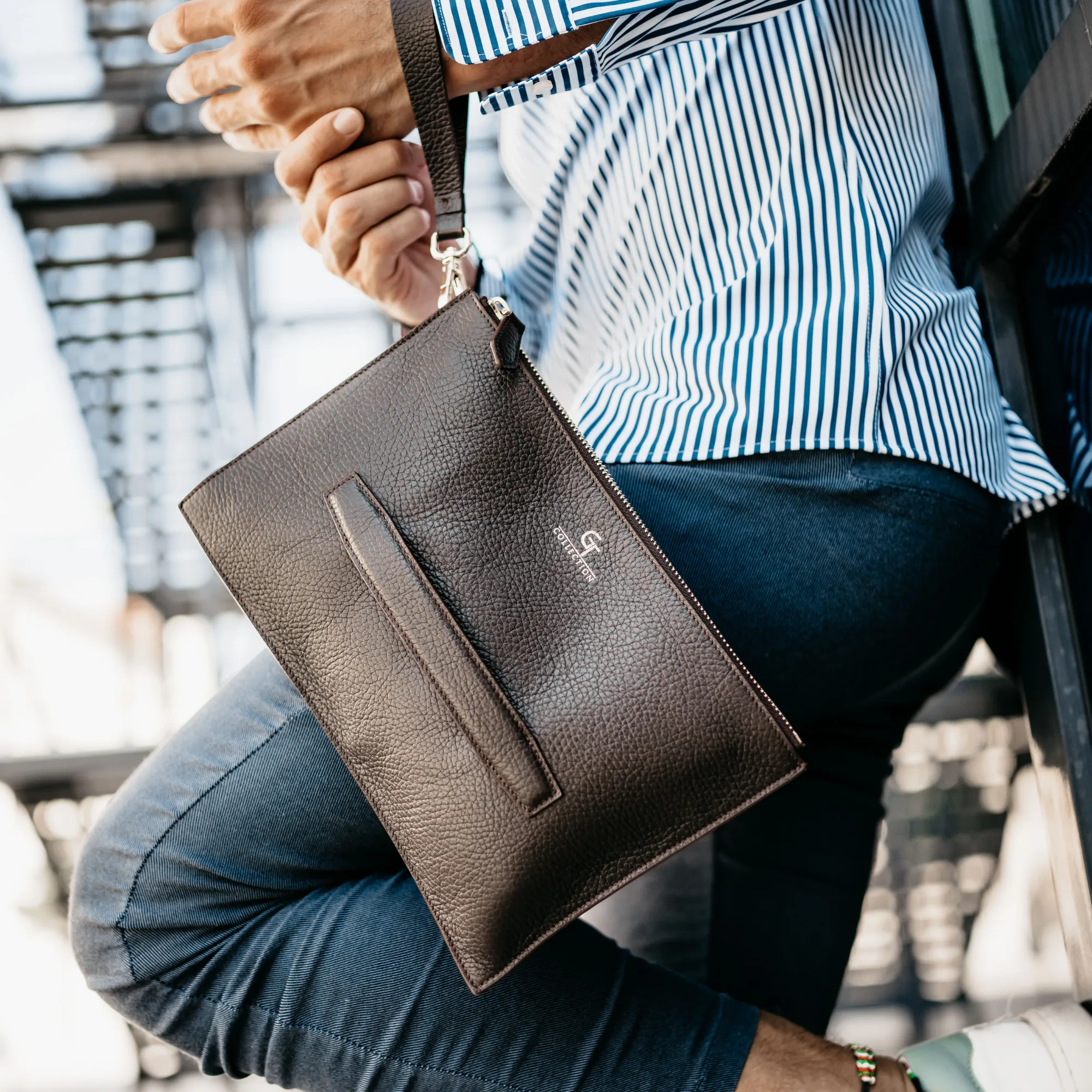 Luxurious Brown Leather Mens Clutch Bag with Golden Accents