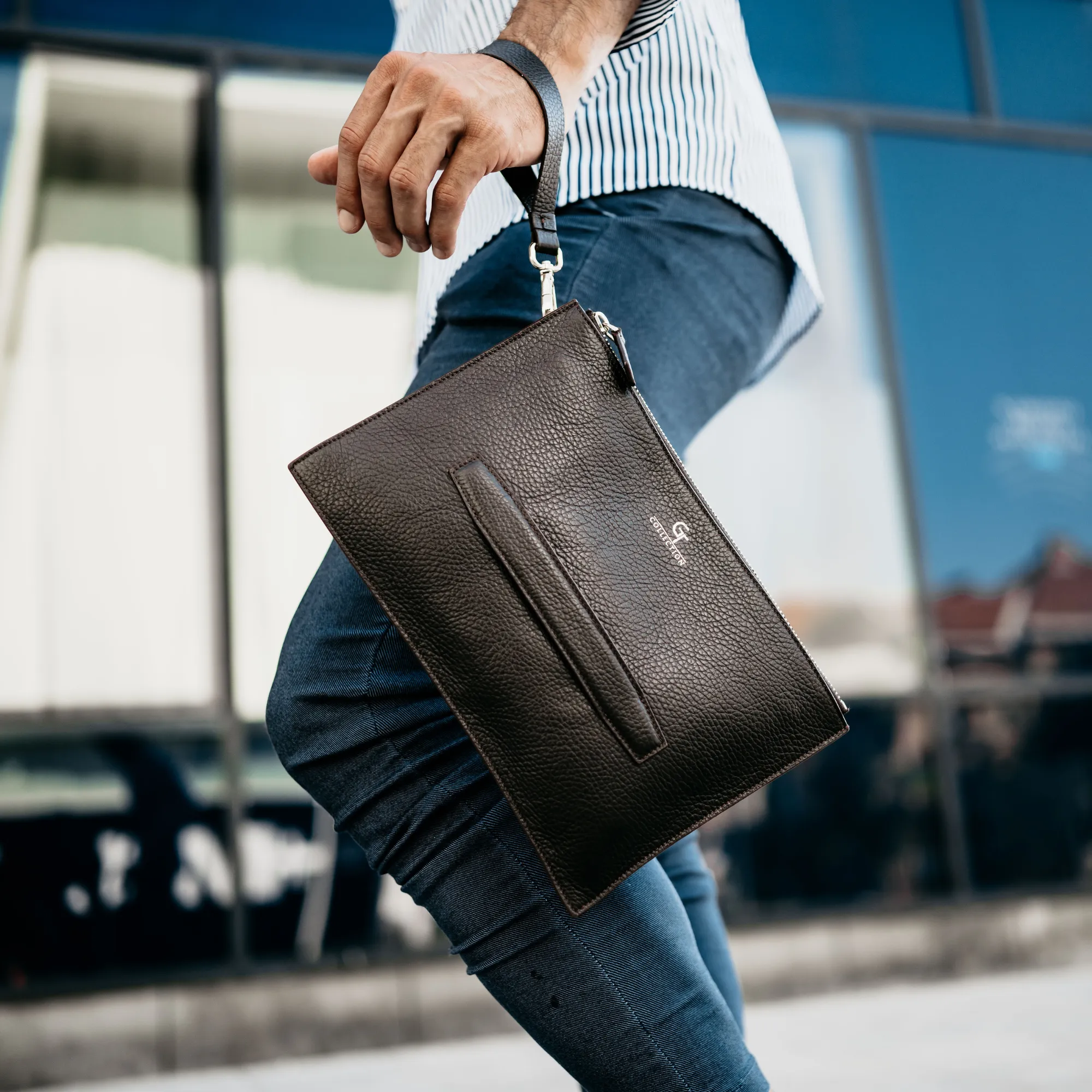 Luxurious Brown Leather Mens Clutch Bag with Golden Accents