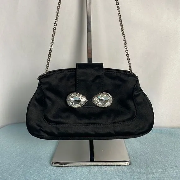 TodsBlackSatin With Crystal Clasp Evening Bag